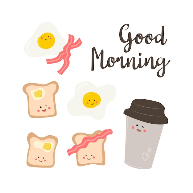 Vector funny set of breakfast vector food motivating card with text