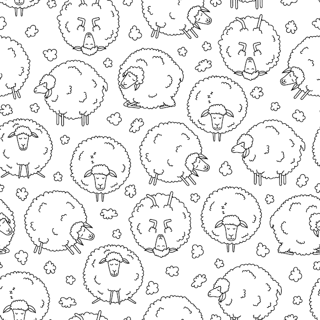 Funny sheep and clouds seamless pattern.