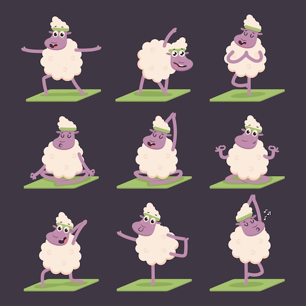 Vector funny sheep doing yoga poses exercises. cute  cartoon lamb character set isolated on background.