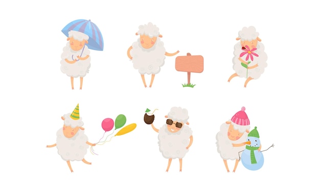 Pecore divertenti che si divertono pecore che portano palloncini illustrazione vettoriale bere cocktail e annusare fiori pecore concetto infantile