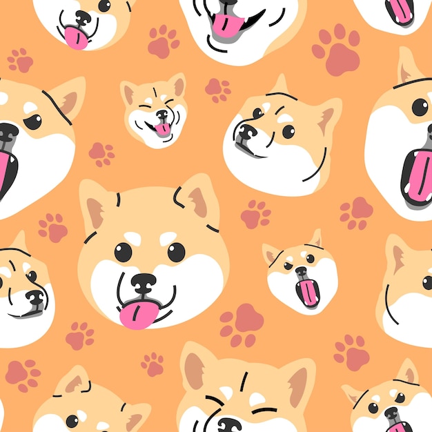 Vector funny shiba inu with some different expressions in the orange colour background flat pattern design