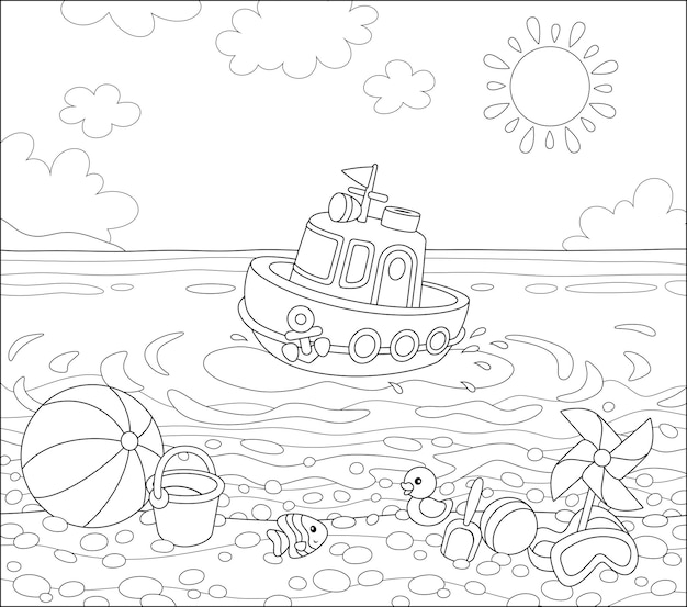 Funny ship floating in water and other baby toys on sand of a sea beach on a sunny summer day