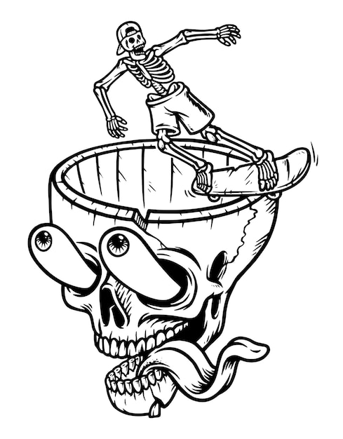 Funny skateboard skeleton line illustration