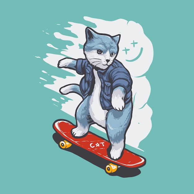 Funny skateboarding cat isolated on blue