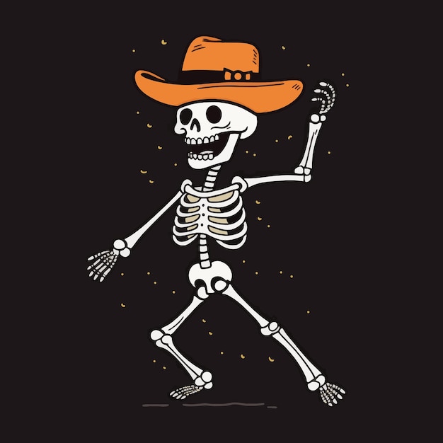 Vector funny skeleton dancing using hat black background