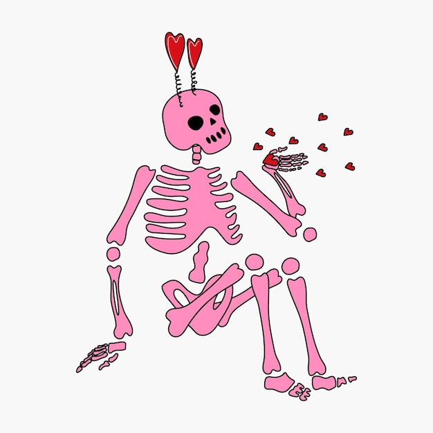 Vector funny skeleton with decor for valentine's day cute character skeleton bones