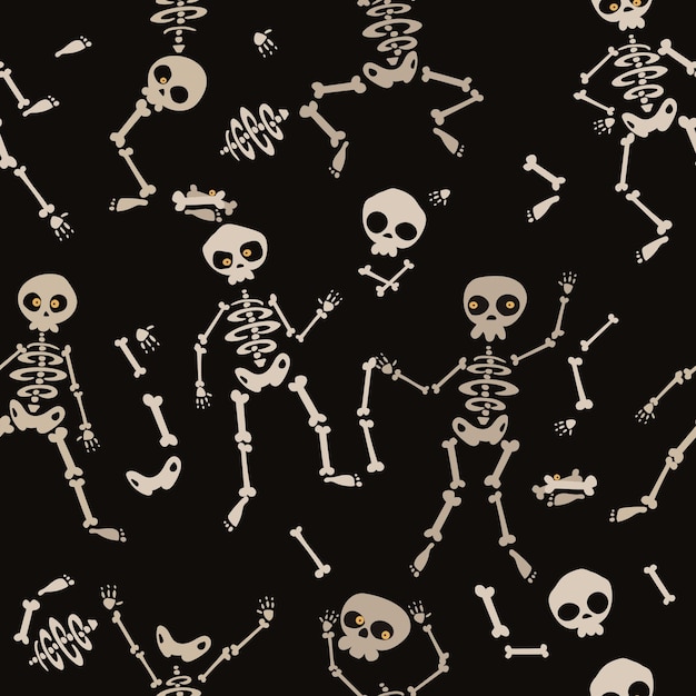 Vector funny skeletons in different poses seamless pattern for halloween design on the dark background