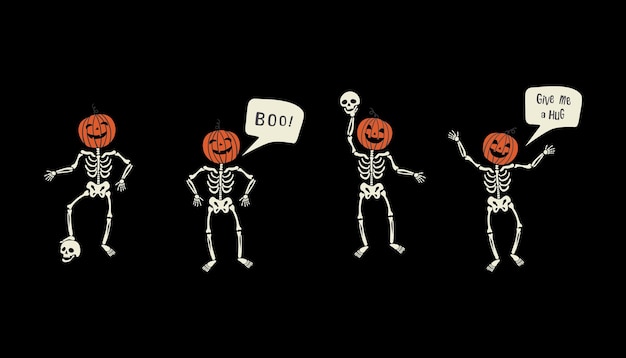 Vector funny skeletons with pumpkin head dancing speech bubble give me a hug and boo