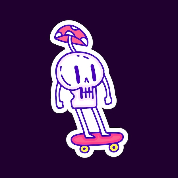 Cranio divertente con cartone animato di skateboard a cavallo di funghi, illustrazione per t-shirt.