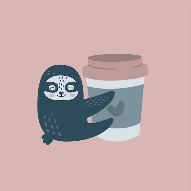 Забавный ленивец и чашка кофе
