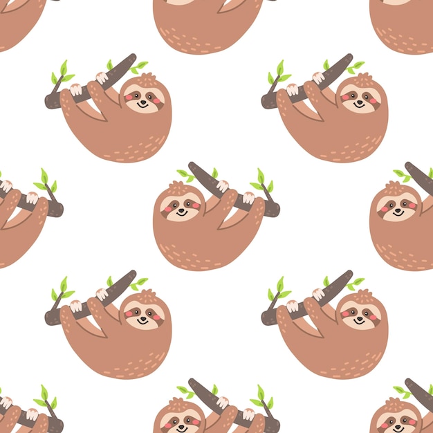 Funny sloth on branch Vector seamless pattern on white background