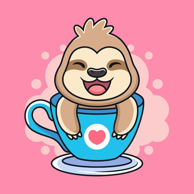 Vector funny sloth with sweet smile on cup.