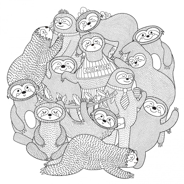 Vector funny sloths circle shape pattern for coloring book