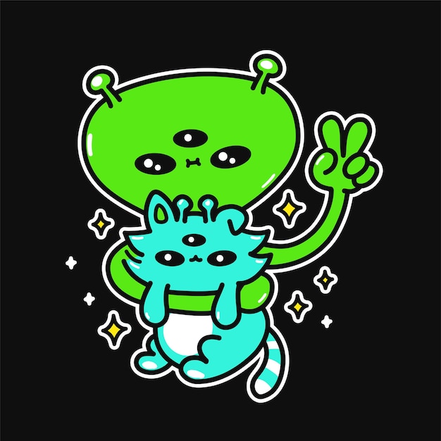 Gattino alieno verde con sorriso divertente. marchio dell'illustrazione del personaggio dei cartoni animati di doodle disegnato a mano di vettore. fantastico alieno, gatto mostro animale domestico, stampa simbolo gesto di pace per t-shirt, carta, adesivo, toppa, concetto di poster