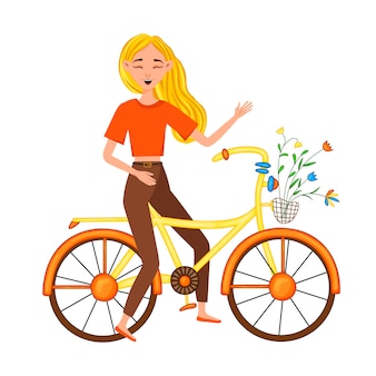 앞 바구니에 꽃다발을 들고 자전거를 타는 세련된 옷을 입은 재미있는 웃는 소녀