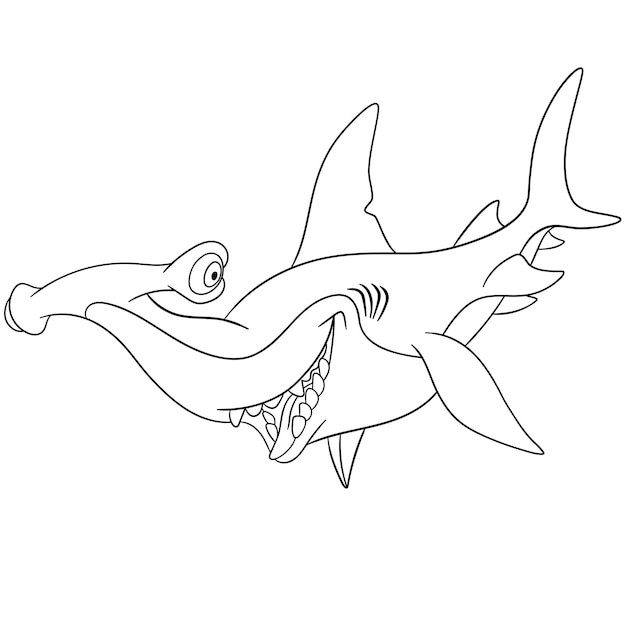 funny smiling hammerhead shark. cartoon coloring book page for kids.