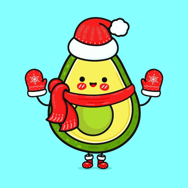 Funny smiling happy avocado and christmas hat