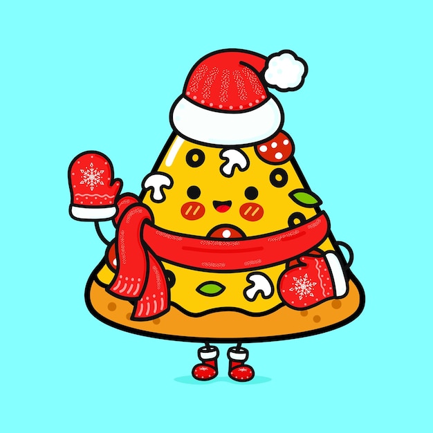 Funny smiling happy piece of pizza and christmas hat