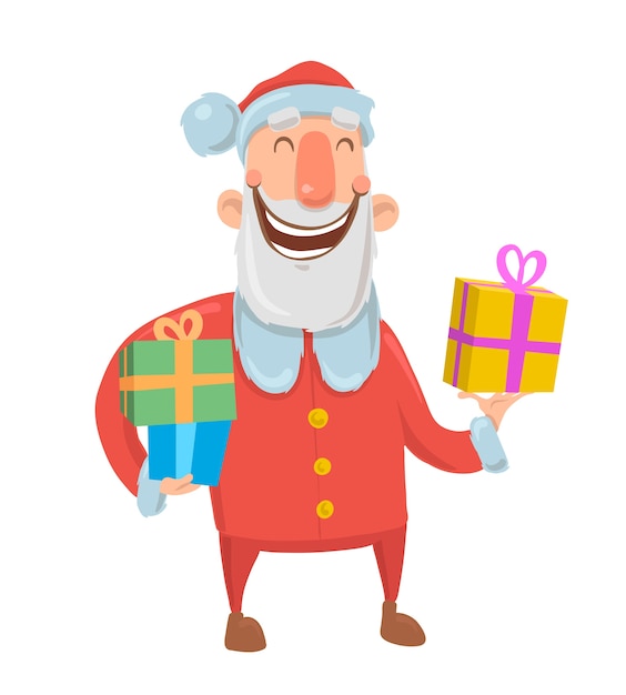 Babbo natale sorridente divertente trasporta regali in scatole colorate su sfondo bianco. buon natale e felice anno nuovo. illustrazione isolata. personaggio dei cartoni animati.
