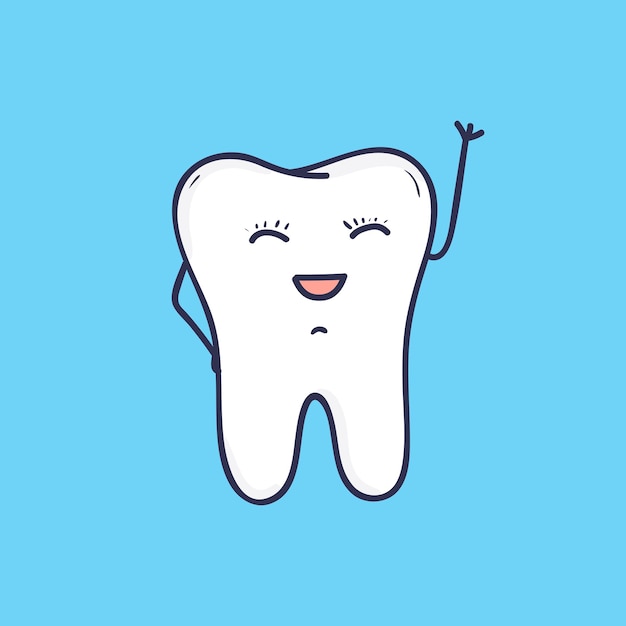 Funny smiling tooth waving hand. Beautiful joyful mascot for dental clinic or hospital. Cute friendly cartoon character isolated