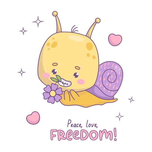 Funny snail character Comic kawaii insect with flower in trendy retro style with slogan in 70s style