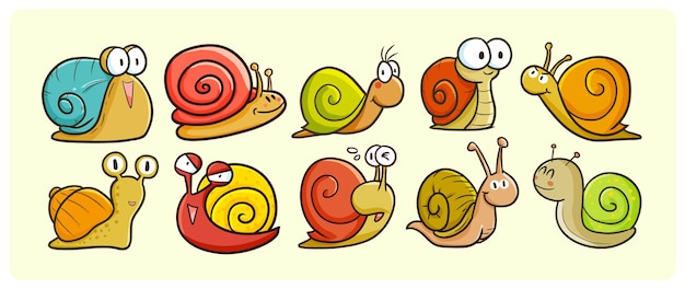 Funny snails collection in kawaii doodle style