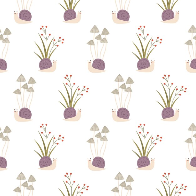 Funny snails mushrooms and forest plants seamless pattern Vector children s pattern on a white background For children s textiles clothing wallpapers etc