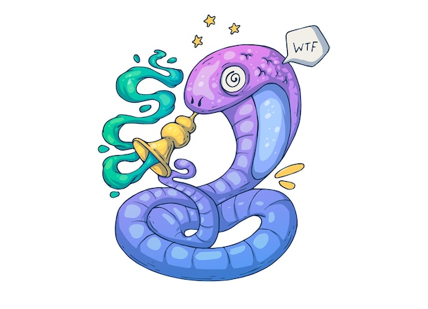 Un buffo serpente con una pipa ipnotizzante. illustrazione del fumetto creativo.