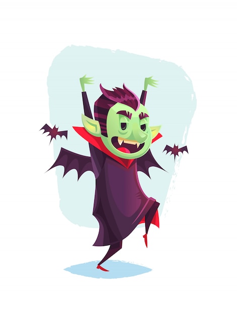 Funny sneaking vampire surrounded with bats Cartoon halloween  illustration