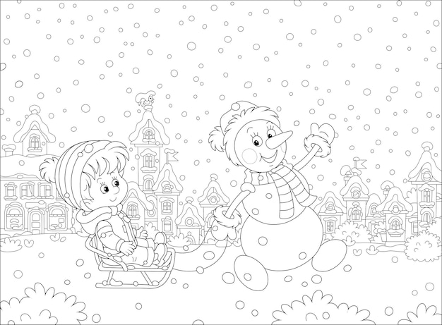 Funny snowman pulling a sled with a happy little boy down a snow-covered street of a pretty town