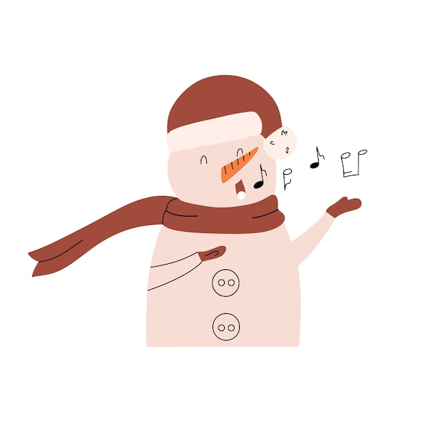 Divertente pupazzo di neve canta una canzone di natale illustrazione vettoriale in stile disegnato a mano