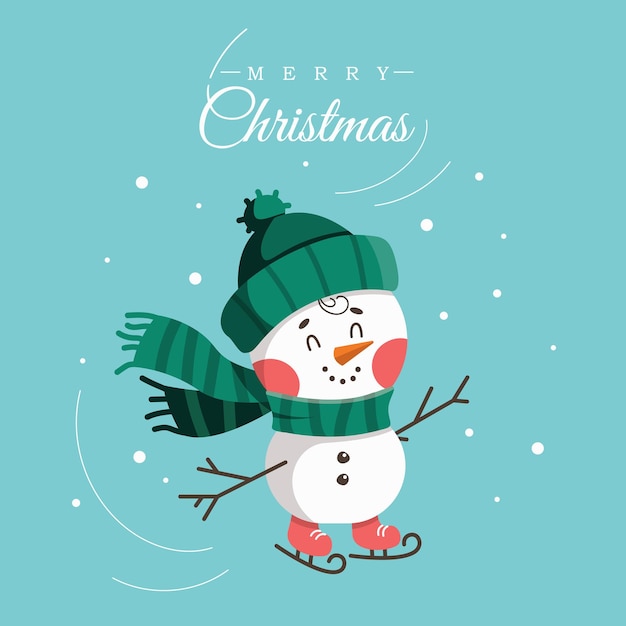 Divertente pupazzo di neve con cappuccio verde e sciarpa su pattini su sfondo blu merry christmas lettering cute pupazzo di neve cartoon illustrazione vettoriale carta di felice anno nuovo