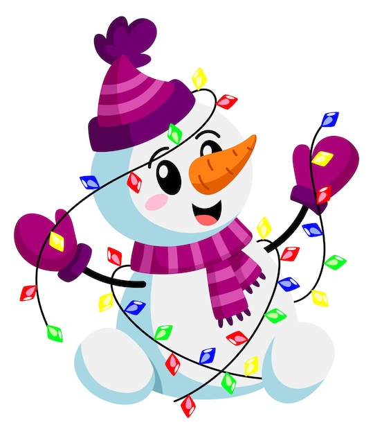 Funny snowman with christmas lights Winter holiday mascot