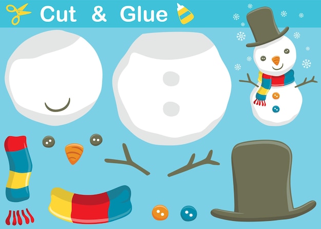 Funny snowman with snowflake. Education paper game for children. Cutout and gluing.   cartoon illustration