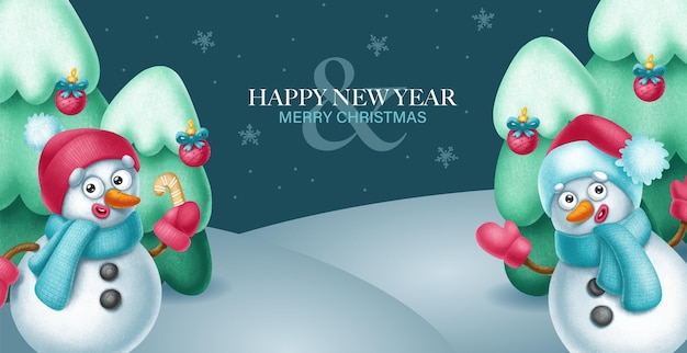 Funny Snowmen in a festive fir forest Christmas and New Year Greeting Card Banner Poster Flyer