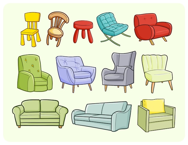 Funny sofa and chairs in simple doodle style