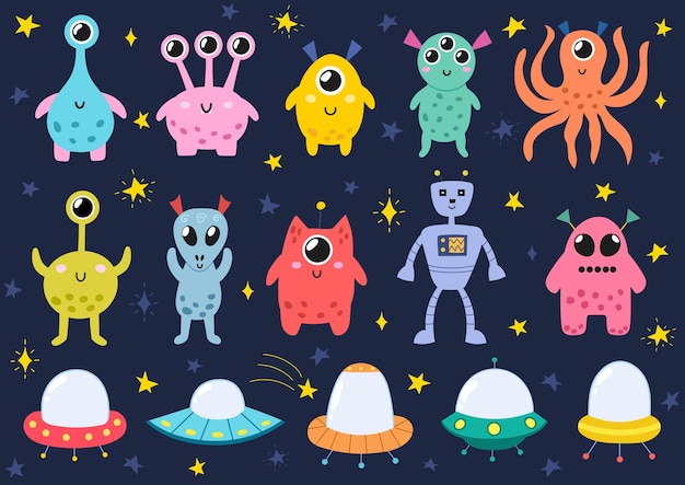 Funny space monsters set aliens and spaceships isolated