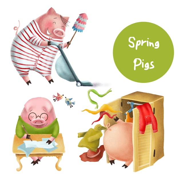 Funny spring pigs characters