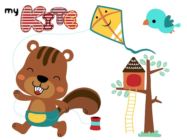 funny squirrel cartoon playing kite