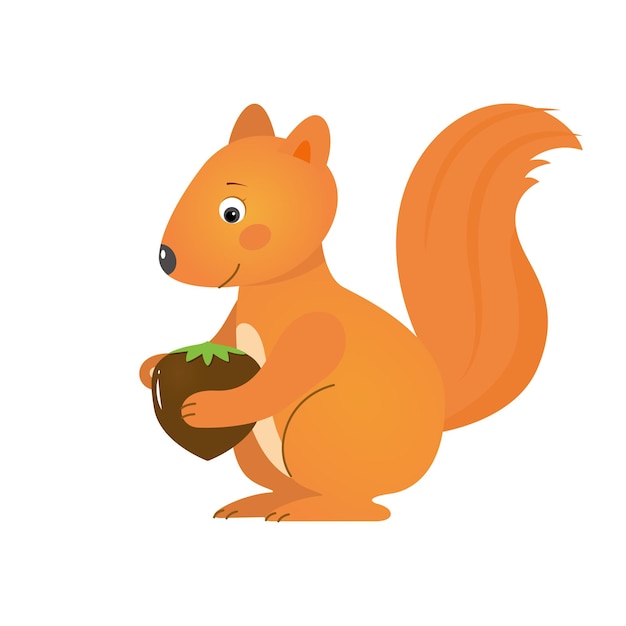 Funny squirrel with hazelnut, illustration for children. Design element for baby shower card, scrapbooking, invitation, childish accessories. Isolated on white background. Vector illustration.