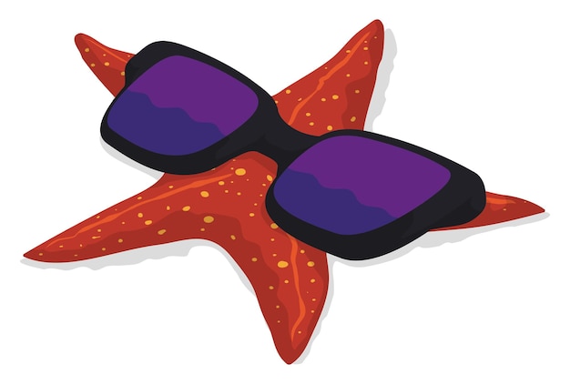 Vector funny starfish with giant sunglasses over white background