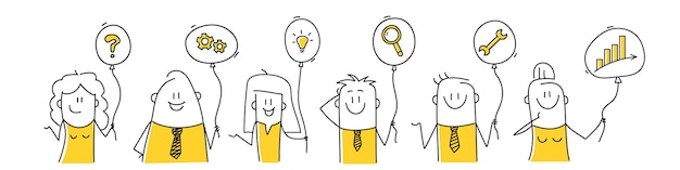 Funny stick figures holding balloons with business icons Vector illustration