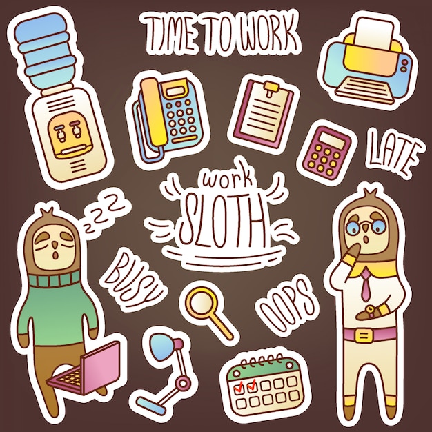 Vector funny   sticker pack with business sloth spending time at work. cute pictures to decorate your diary. office equipment, items. lazy, non-punctual employee. design of web stores.