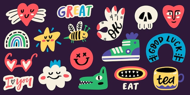 Vector funny stickers collection cute comic characters and phrases heart ok sign sneakers glasses scull