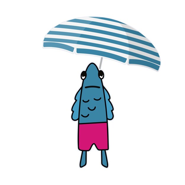 Funny stickers of fish in pink shorts and a sun umbrella. fish with a funny look. good for postcards, stickers and children's books. isolated. vector.