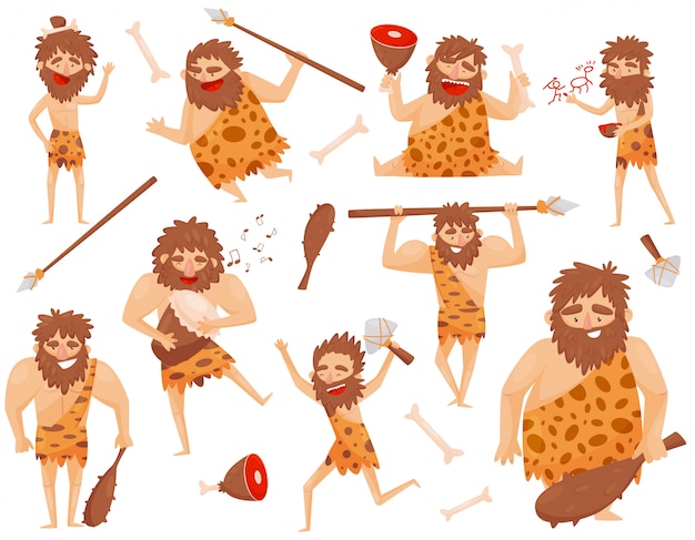 Funny stone age prehistoric man in different situations set, primitive cavemen cartoon character  Illustration isolated on a white background