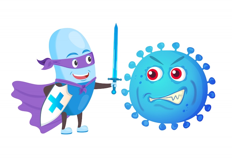 Funny strong pill guardian with sword and shield fight with bacteria virus.