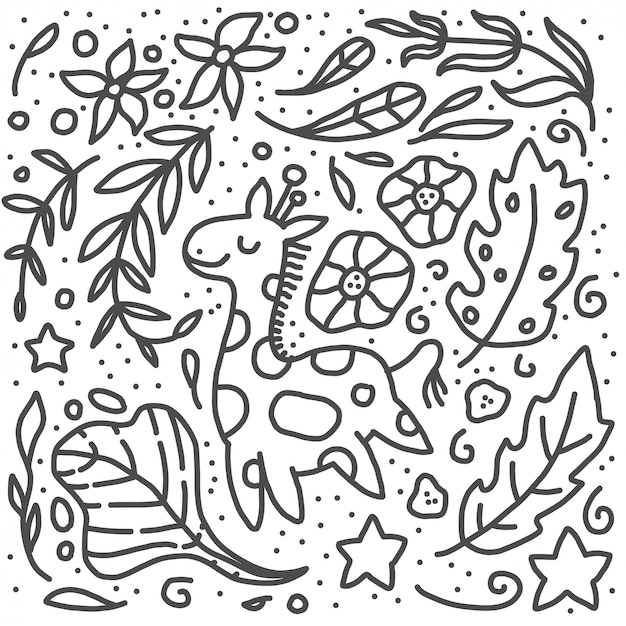 Divertente estate doodle sfondo con giraffa disegnata a mano, foglie tropicali e fiori