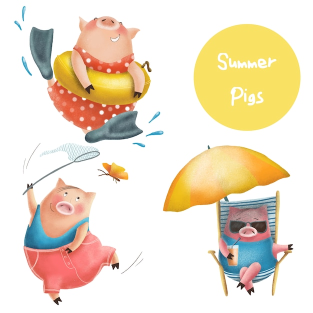 Funny summer pigs characters