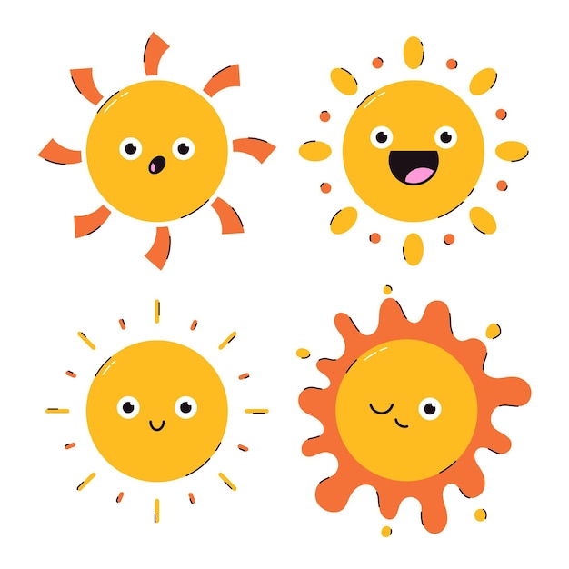 Vector funny sun characters with different emotions vector cartoon set isolated on a white background